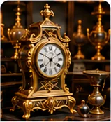 Pendule dorée ancienne dans une boutique d’antiquités