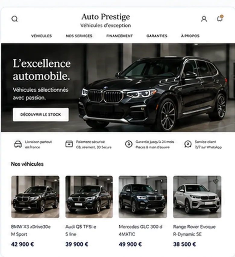 Aperçu de boutique en ligne Auto Prestige — véhicules d’exception