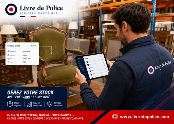 Un meuble ancien est inventorié sur tablette dans un entrepôt