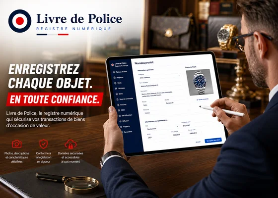 Un professionnel enregistre un objet dans son livre de police numérique