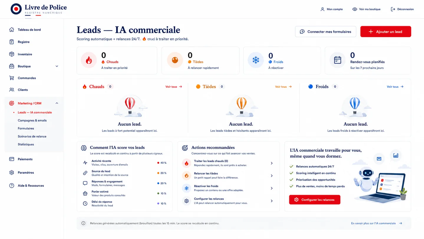 Maquette d’un tableau de bord LivreDePolice regroupant les priorités commerciales