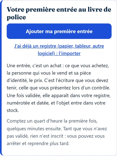 Capture du logiciel : la carte « Votre première entrée au livre de police » et son bouton « Ajouter ma première entrée »
