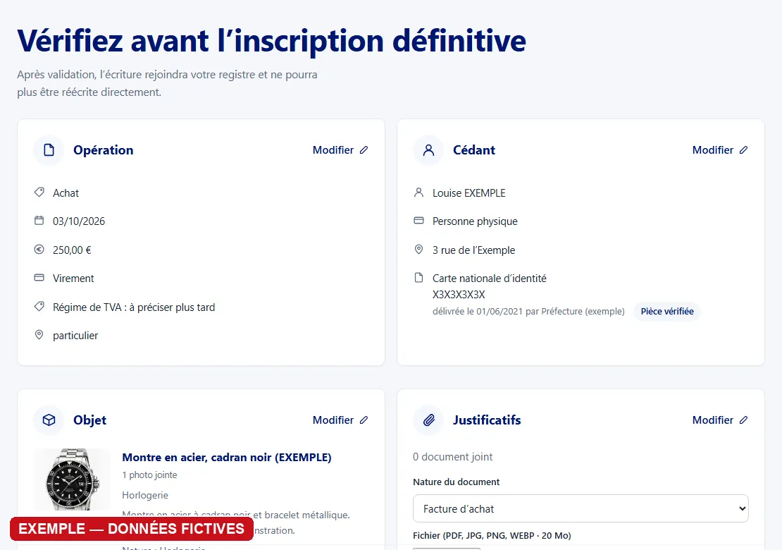 Écran réel du logiciel : la vérification d’un achat avant son inscription au registre (opération, vendeur, objet)