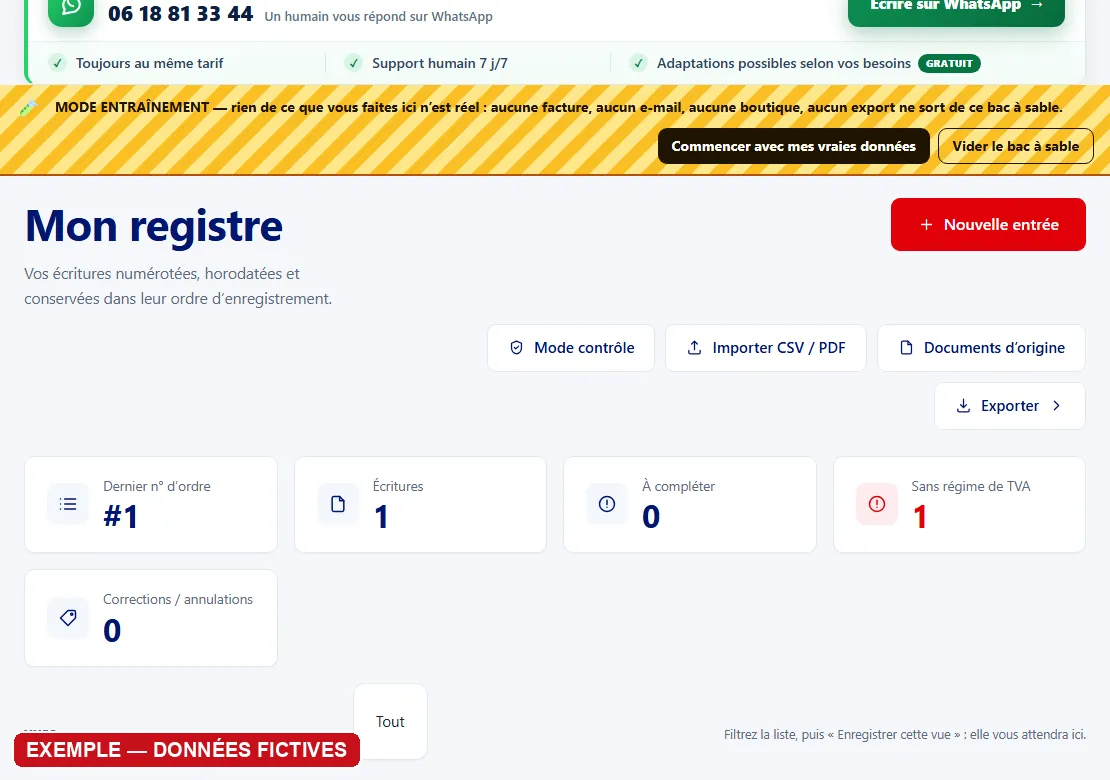 Écran réel du logiciel en mode entraînement : un bandeau jaune rappelle que rien n’est réel, avec le bouton « Commencer avec mes vraies données »