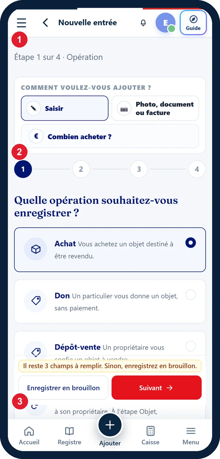 Écran « Nouvelle entrée » de Livre de Police sur un téléphone : première des quatre étapes de la saisie, boutons « Enregistrer en brouillon » et « Suivant » (données fictives)