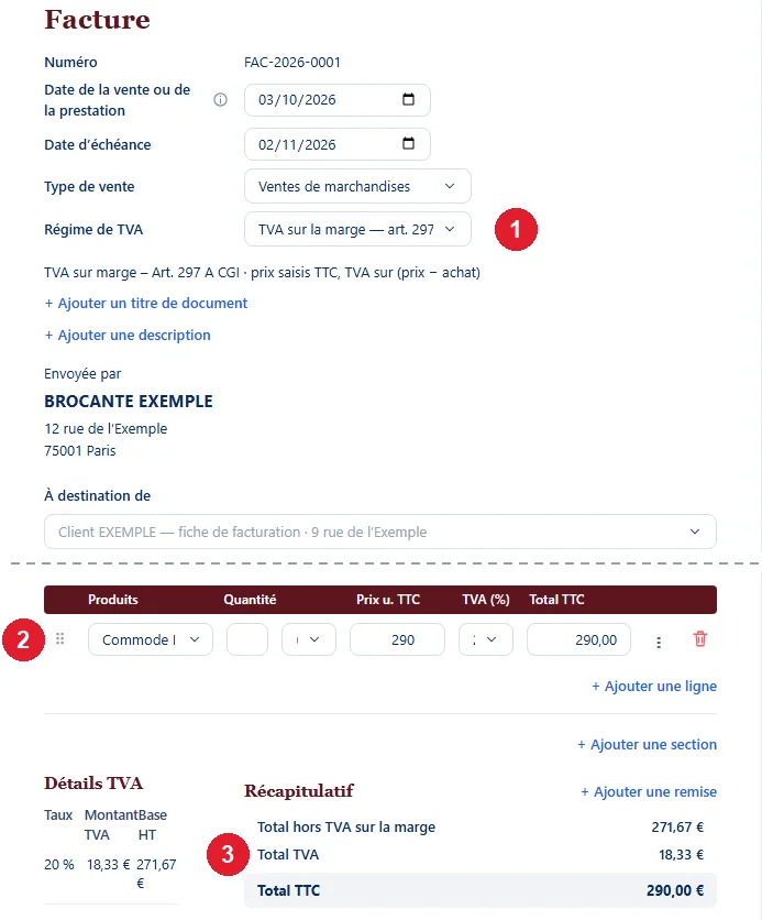 Éditeur de facture de Livre de Police : régime de TVA sur la marge, un objet repris du stock, récapitulatif de la TVA sur la marge (données fictives)