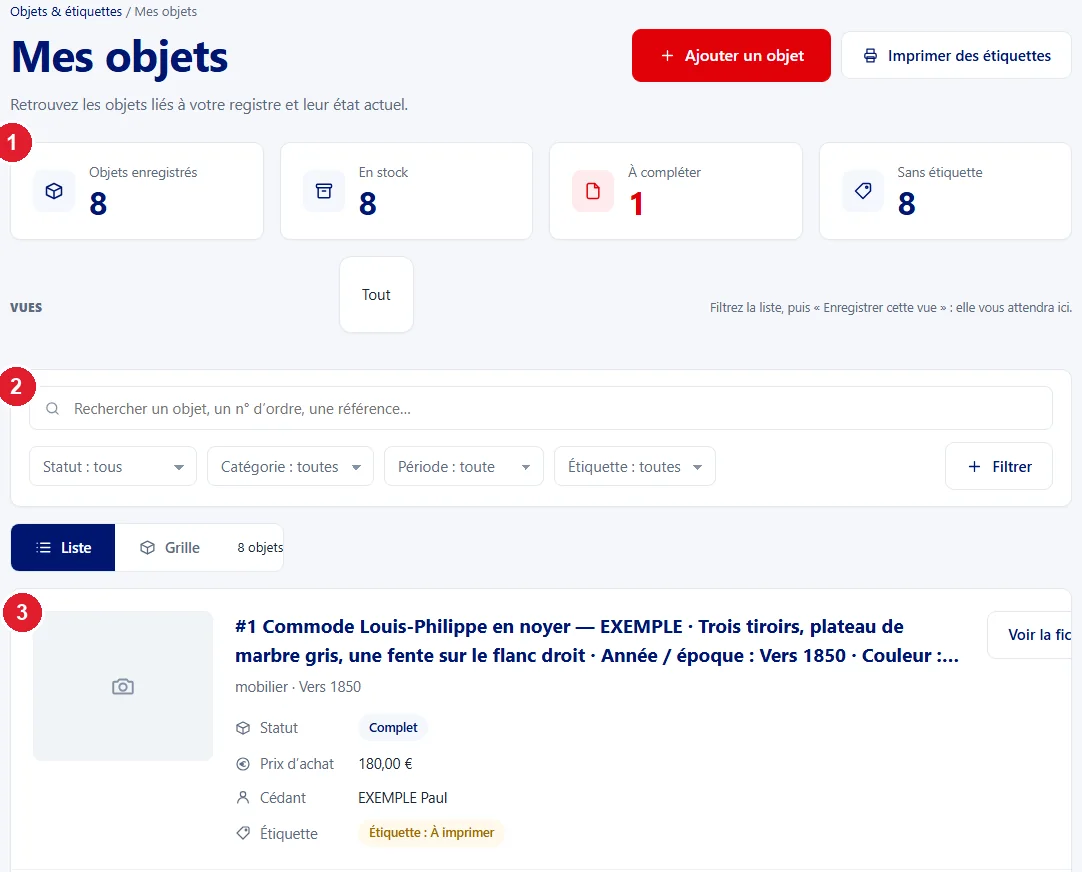 Écran « Mes objets » de Livre de Police : quatre compteurs, la recherche et les filtres, puis la liste des objets avec leur numéro d’ordre (données fictives)