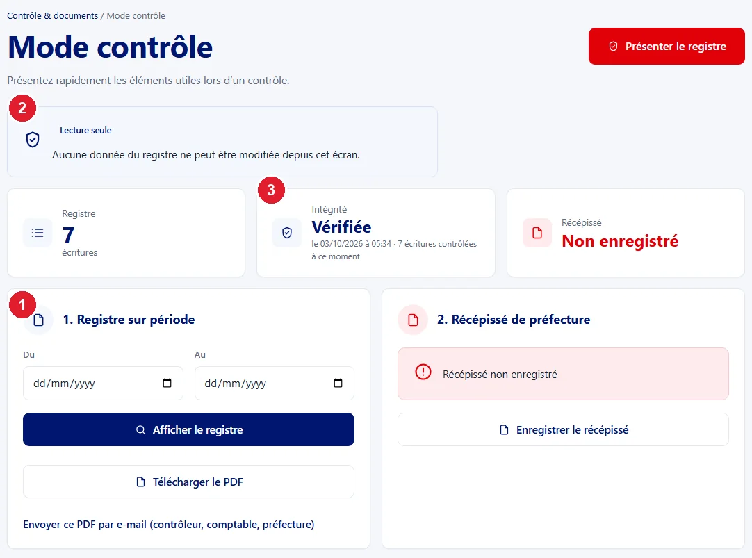 Écran « Mode contrôle » de Livre de Police : lecture seule, registre sur une période, dernier contrôle d’intégrité, récépissé de préfecture (données fictives)