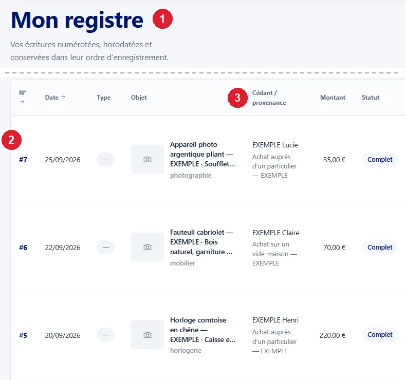 Écran « Mon registre » de Livre de Police : trois écritures numérotées avec leur date, leur objet, leur cédant et leur montant (données fictives)