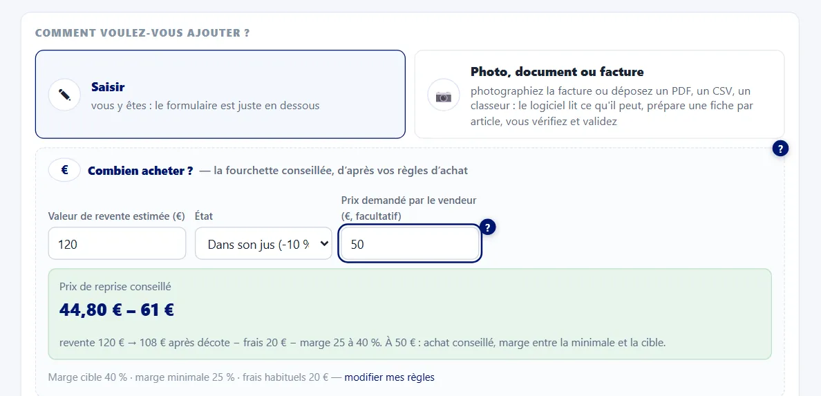 Écran d’ajout de Livre de Police pour un brocanteur : le calcul « Combien acheter ? » avec l’état « Dans son jus »