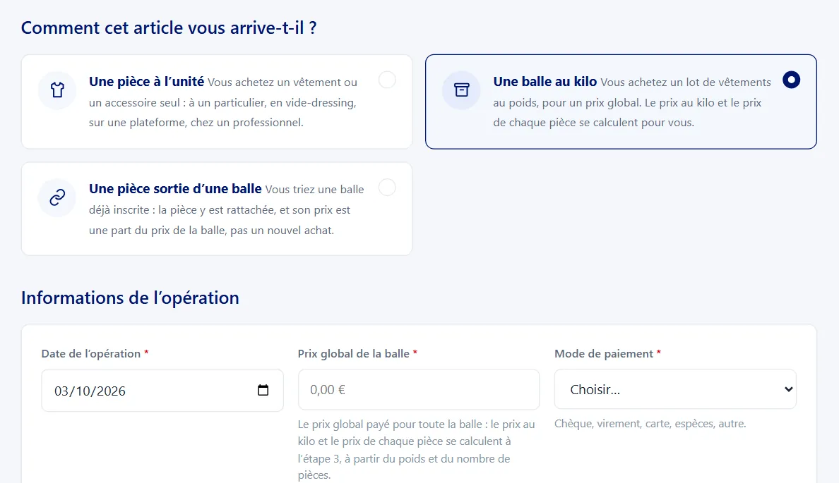 Écran d’ajout de Livre de Police pour une friperie : « Comment cet article vous arrive-t-il ? », la balle au kilo sélectionnée