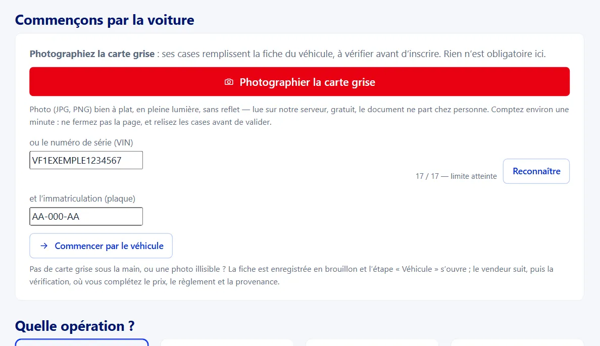 Écran « Rentrer un véhicule » de Livre de Police : photographier la carte grise, ou saisir le VIN et l’immatriculation