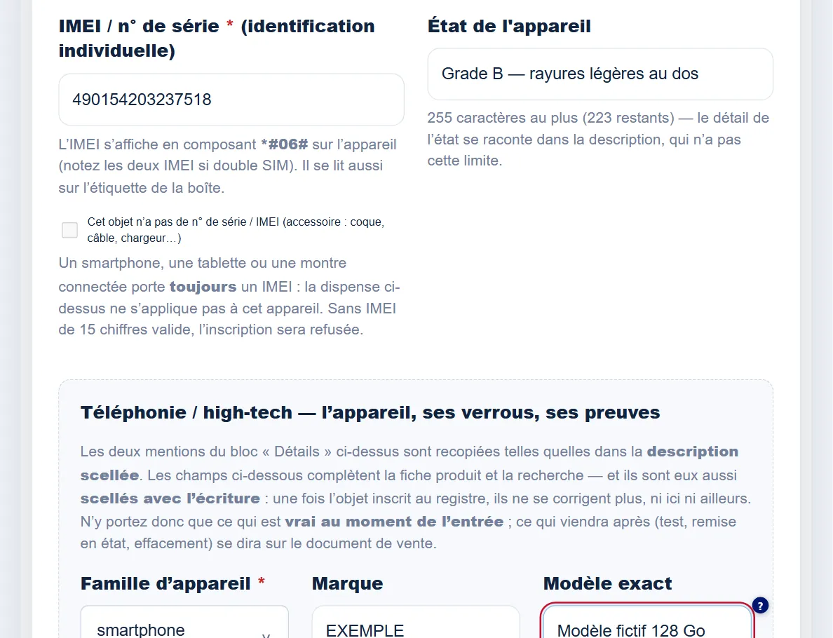 Écran de saisie de Livre de Police pour la téléphonie : l’IMEI, l’état de l’appareil et la famille d’appareil