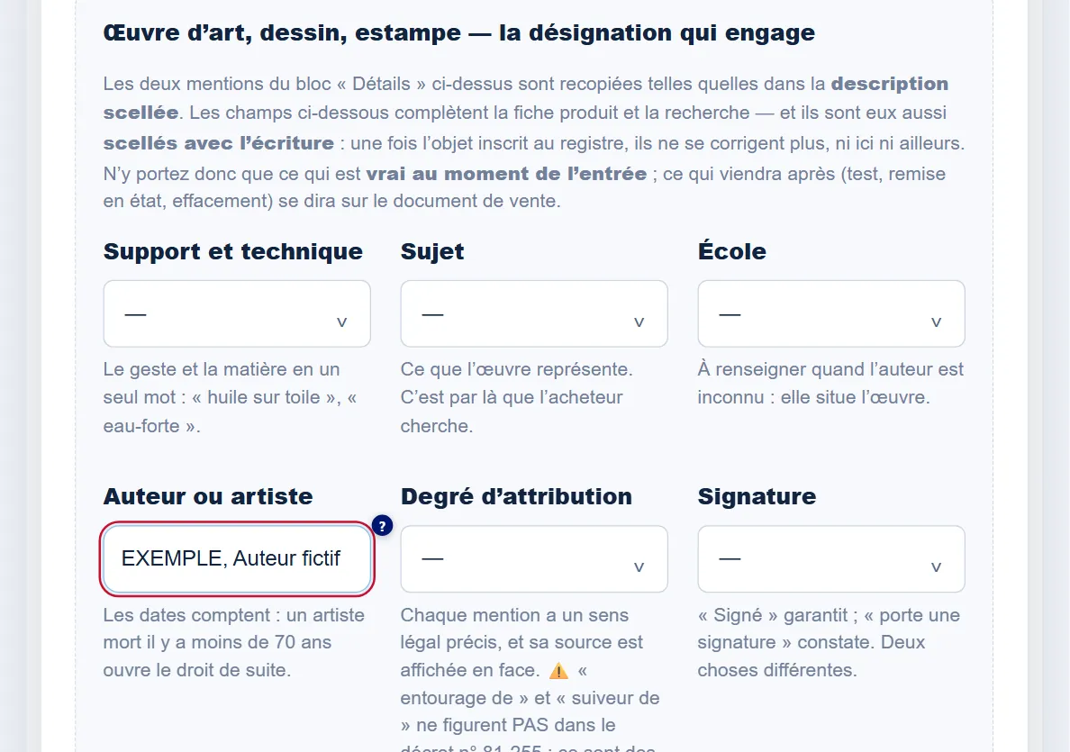 Écran de saisie de Livre de Police pour une maison de ventes : la désignation d’une œuvre, attribution, signature et époque